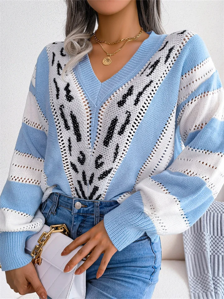 Autumn and Winter Clashing Color Leopard Print Lantern Sleeve Knitted Loose Type V Neck Sweater Pop-up Pullover Long-sleeved Women's