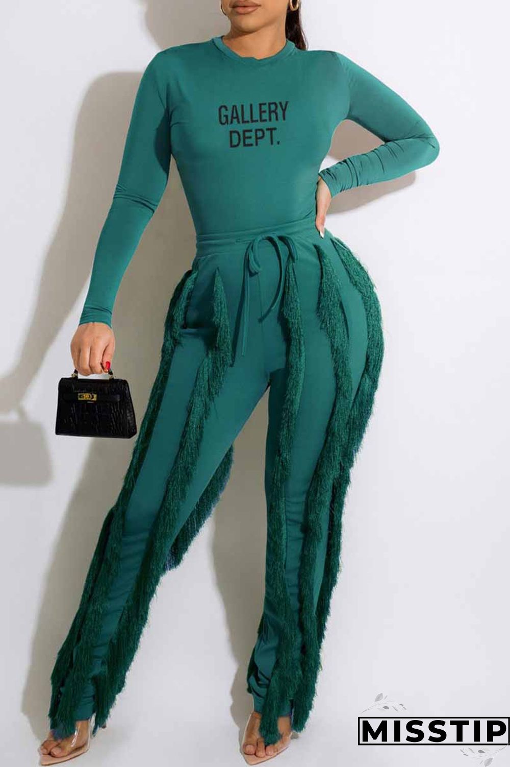 Green Casual Print Letter O Neck Long Sleeve Two Pieces