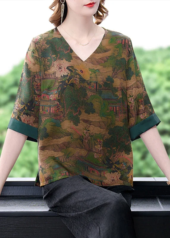 Original Design Retro Green V Neck Print Side Open Silk Top Half Sleeve