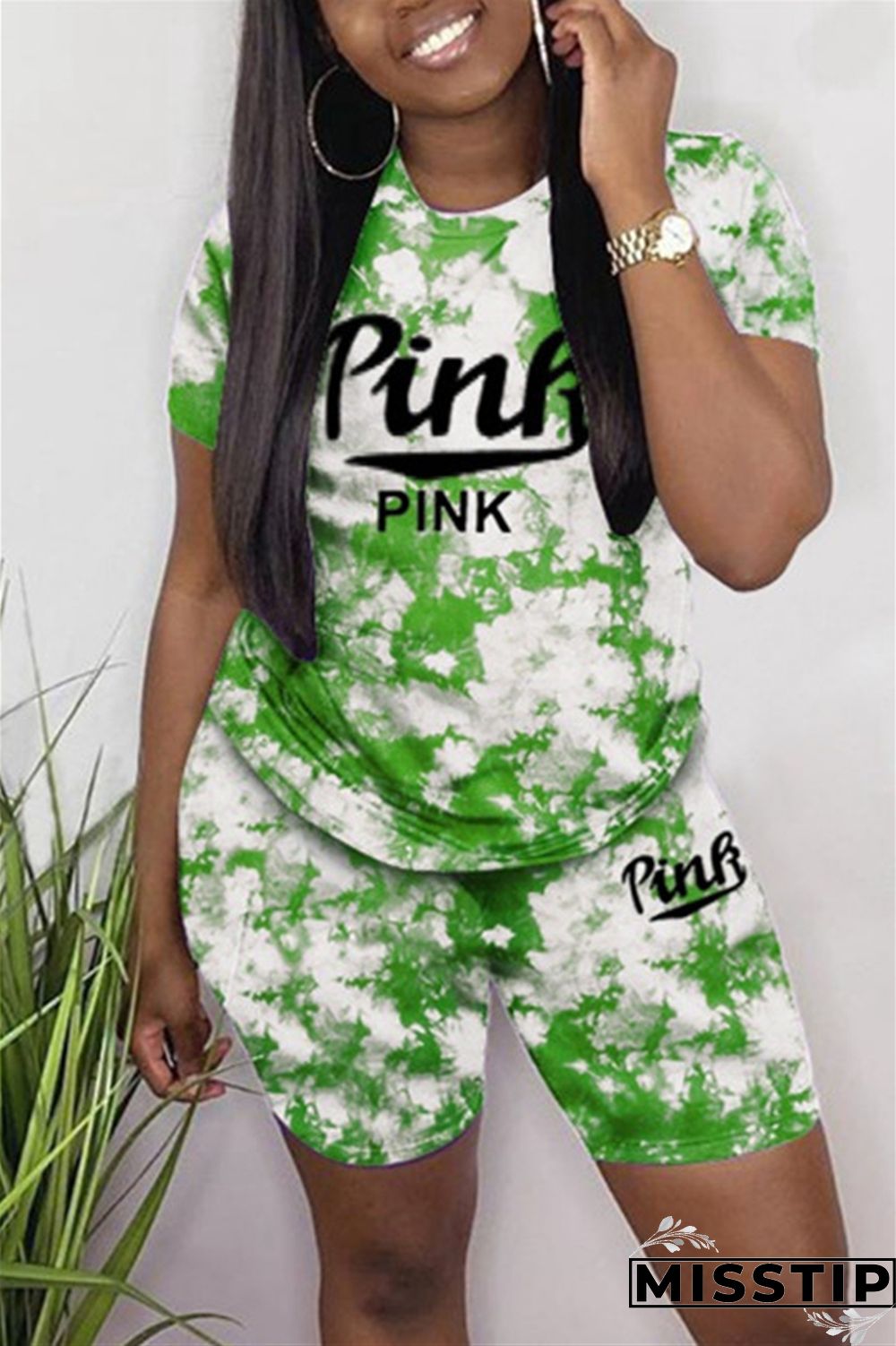 Green Fashion Casual Short Sleeve O Neck Regular Letter Print Tie Dye Two Pieces
