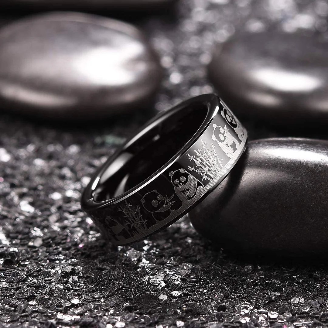 4MM 6MM 8MM Women Mens Black Tungsten Carbide Rings Carbon Fiber Laser Panda Pattern High Polished