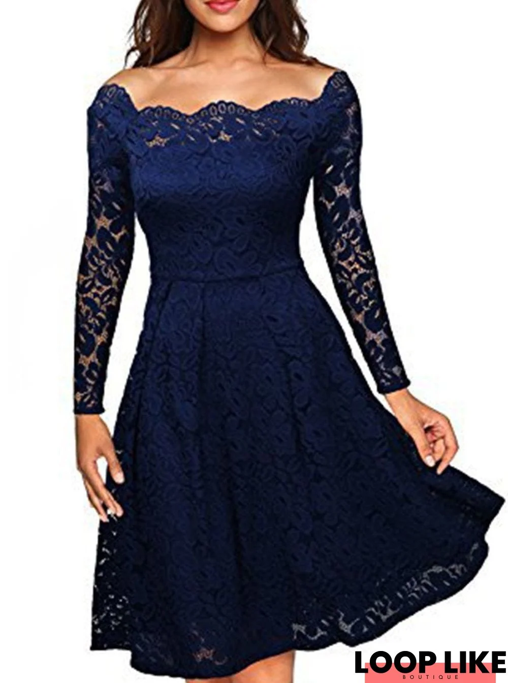 Open Shoulder Lace Plain Skater Dress