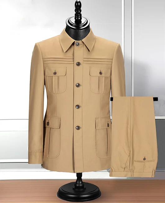 Single Breasted Pockets Safari Jacket & Pant 2Pcs Set Okaywear