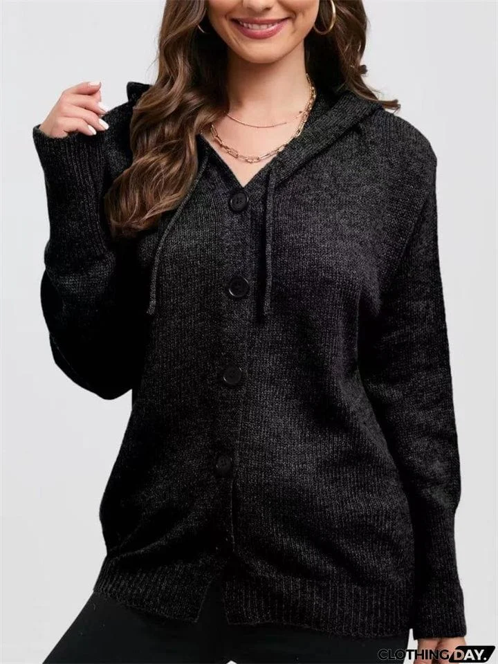 Women's Solid Single-breasted Drawstring Hooded Knitted Sweater