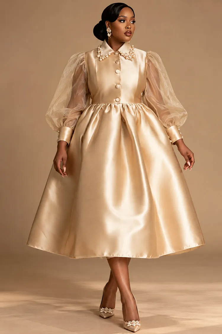 Xpluswear Design Plus Size Christmas Organza Champagne Shirt Collar Lantern Sleeve Long Sleeve Pearls Contrast Satin Midi Dresses [Pre-Order] 2024 - Xpluswear