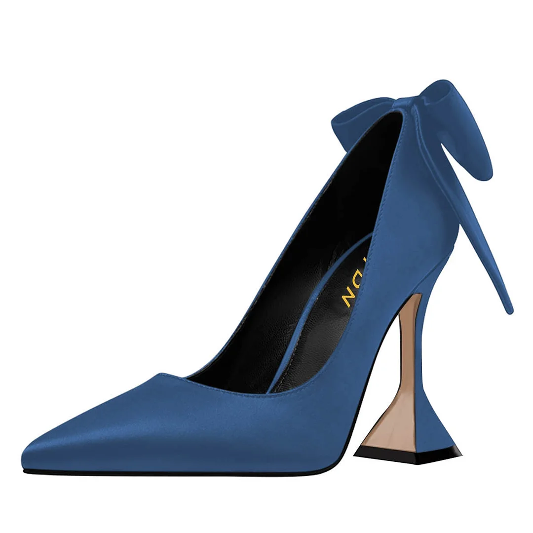 Women's Navy Satin Classic Pointed Toe Pearl Bow Pumps Heels