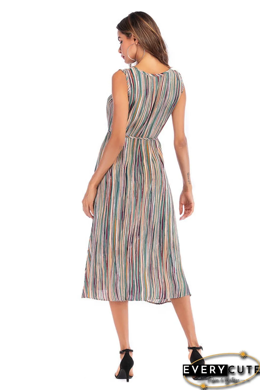Colorful Striped Lace-up Sleeveless Long Dress
