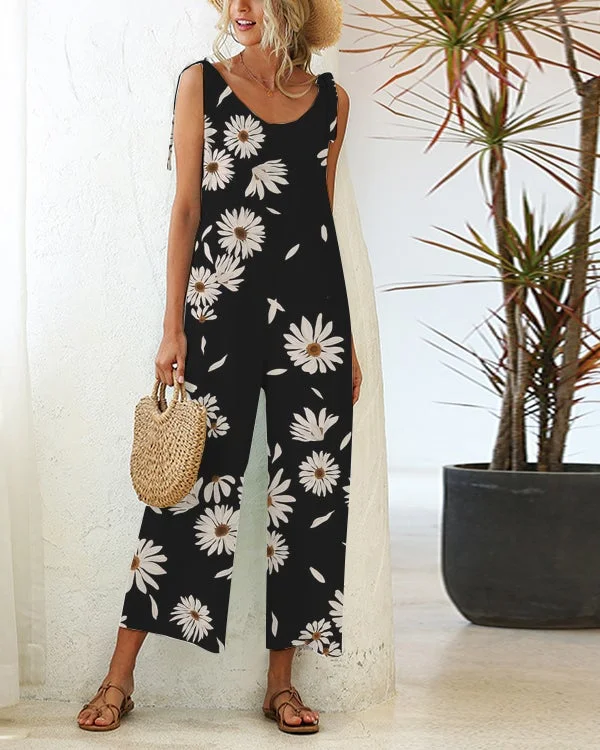 Casual Loose Lace-up Straight-leg Daisy Jumpsuit