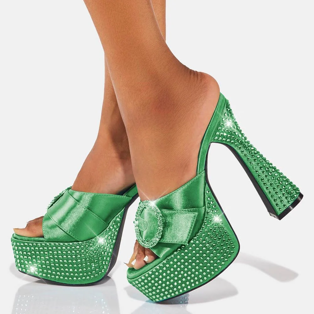Platform Pumps Round Toe Pumps Flared Heel Pumps Green Peep Toe Nicepairs