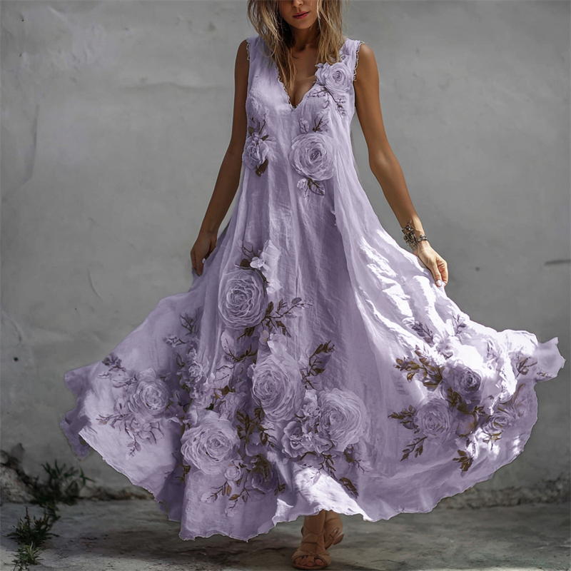 Zwiewna lniana sukienka maxi w białe róże w stylu vintage