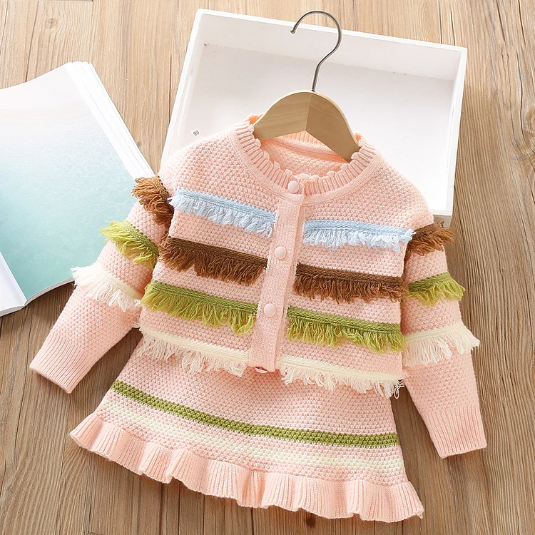 上品 シングルブレスト 長袖  配色 セーター+スカート 女の子 子供服 幼児 2点セットアップ