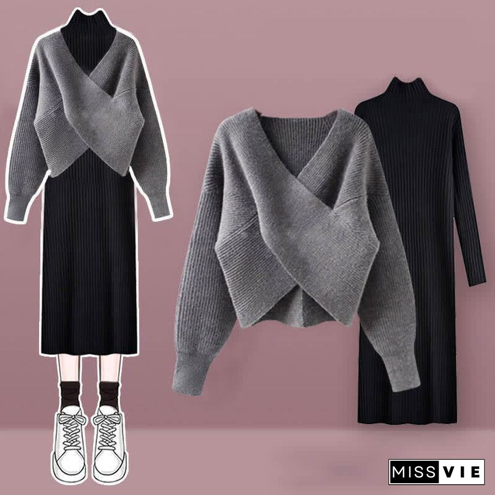 Pure Color Cross Knit Sweater Dress Two Pieces Set