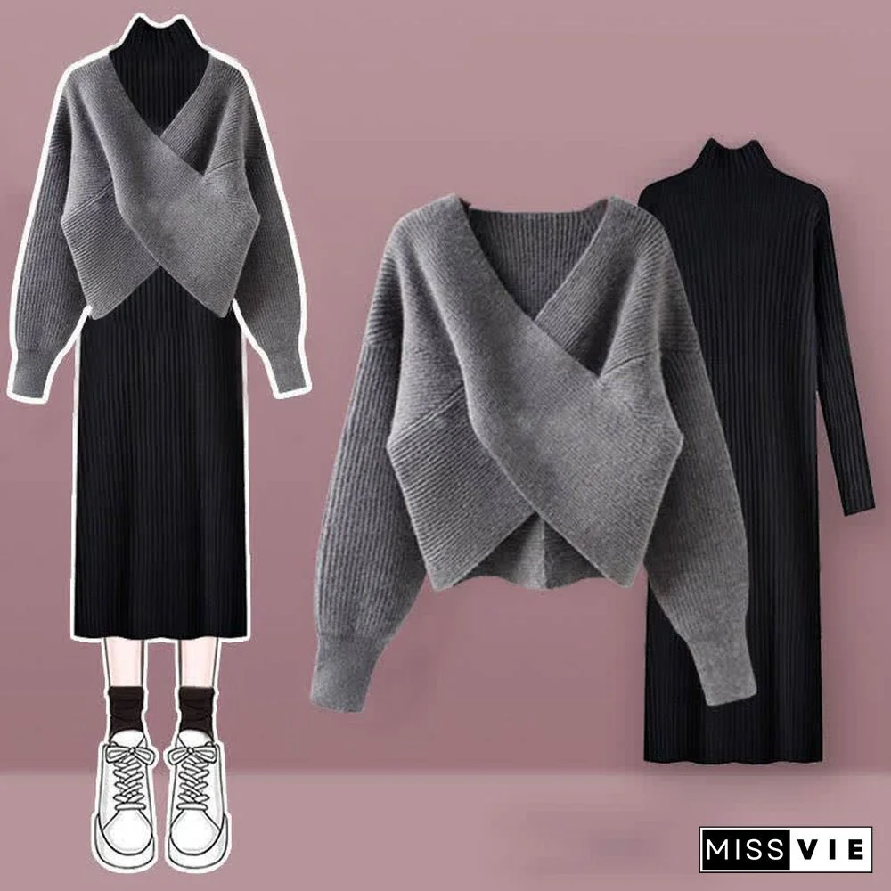 Pure Color Cross Knit Sweater Dress Two Pieces Set