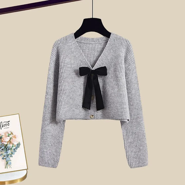 Bow Knot V-neck Cardigan Sweater Lace Up Irregular Slip Dress Two Pieces Set - Modakawa modakawa