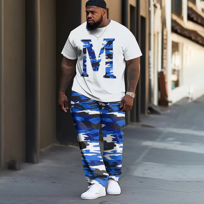 Men's Plus Size M Camouflage Color Matching Casual Street Short-Sleeved Trousers Casual Two-Piece set