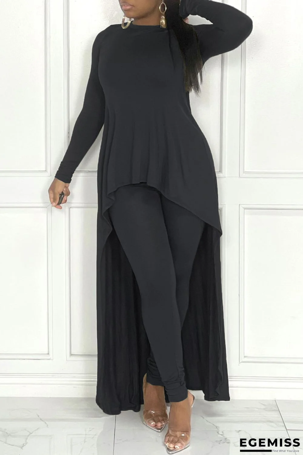 Black Fashion Casual Solid Asymmetrical O Neck Long Sleeve Two Pieces | EGEMISS