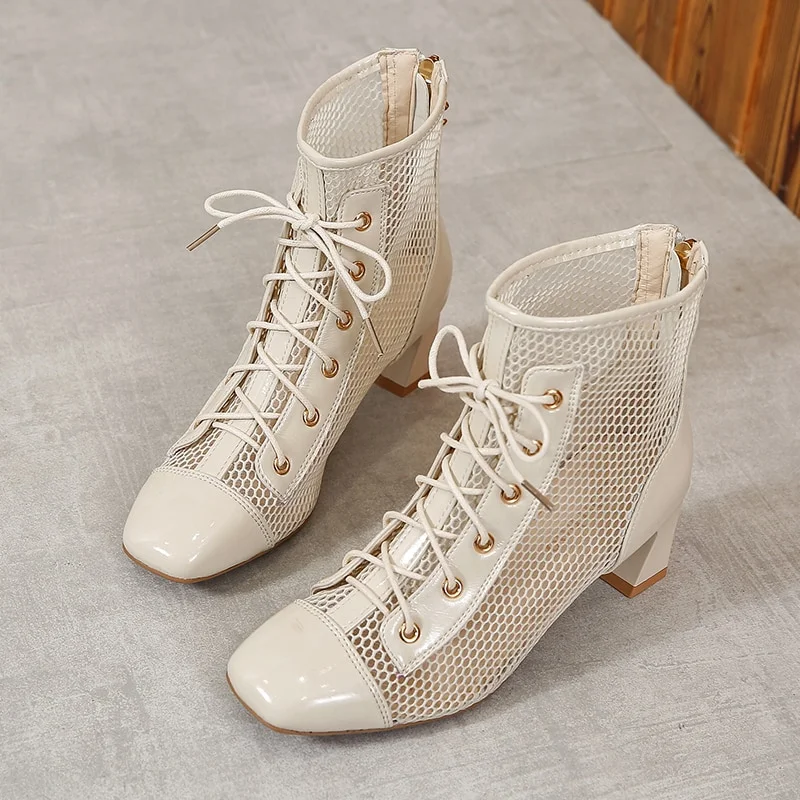 Qengg Summer Casual Cool Boots Women Mesh Hollow Breathable Solid Color Square Head Korean Style Lace-up High-top Women's Shoes