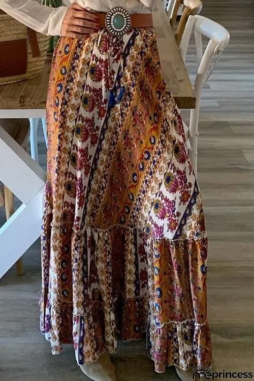 Print Ruffles Maxi Skirts