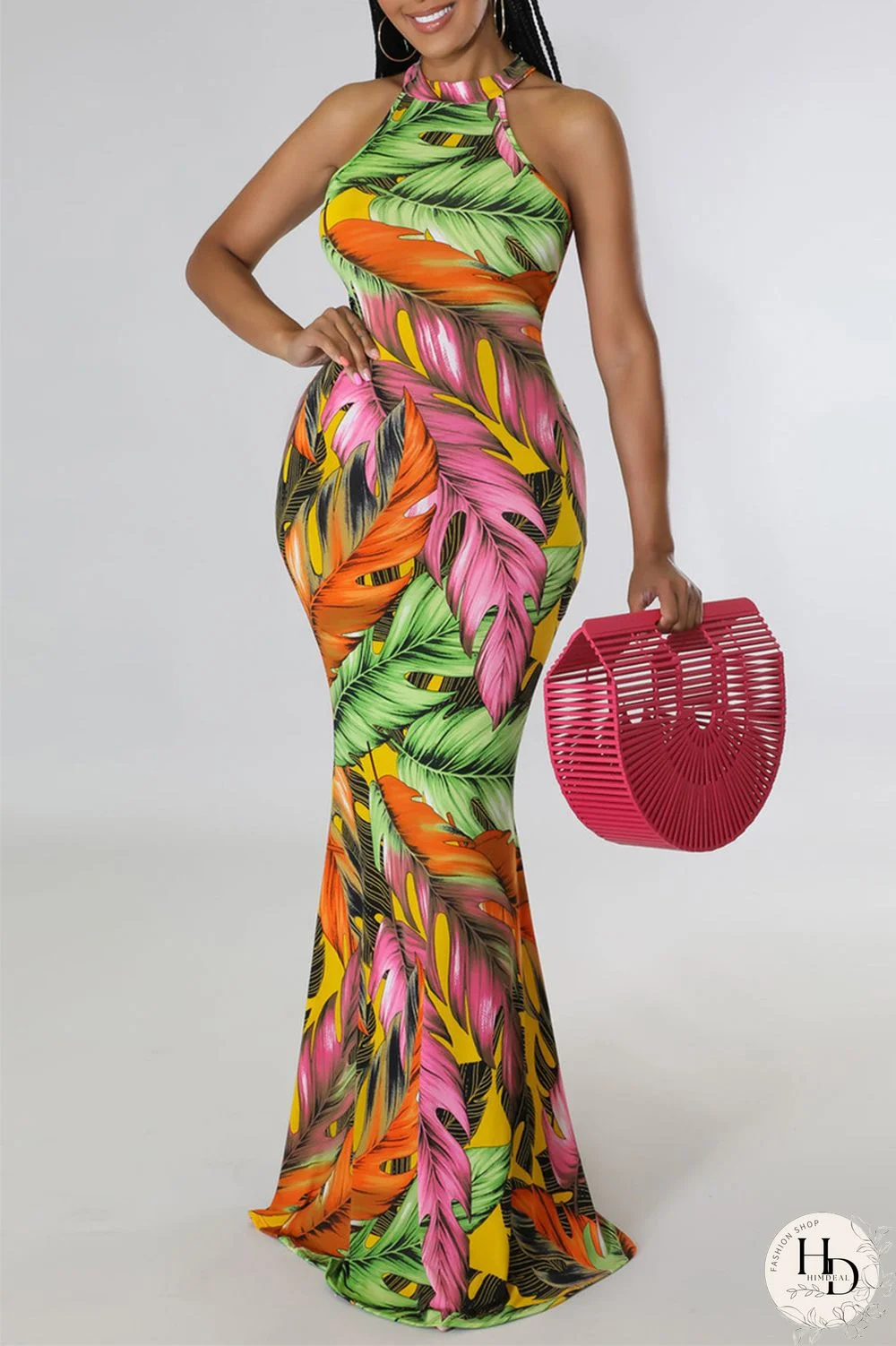 Orange Fashion Sexy Print Hollowed Out O Neck Long Dress Dresses