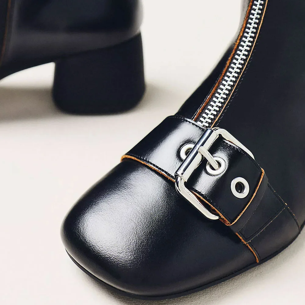 Black Square Toe Buckled Front Zipper Ankle Boots for Women