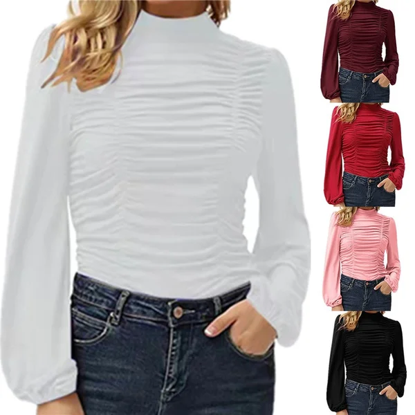 Spring Autumn Women's Top Solid Color Long Sleeve Ruffle T-shirt