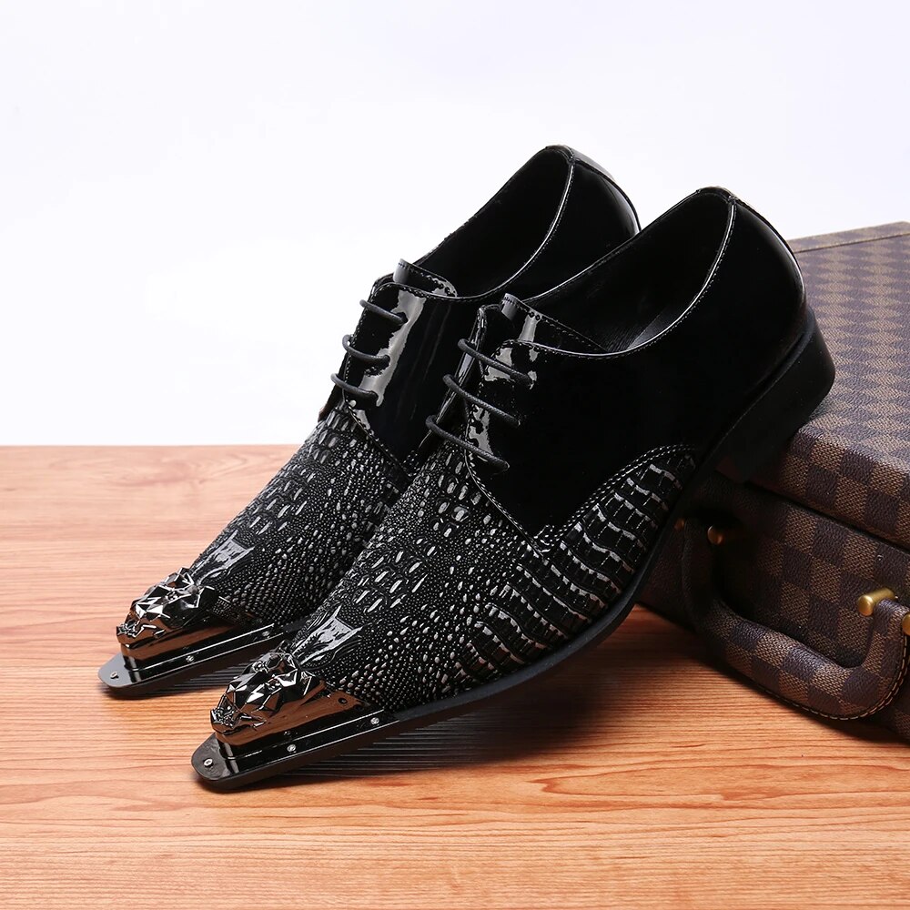 VCSHOES Social Black Office Shoes Pointed Toe Big Size Derby Shoes Real Leather Male Brogue Shoes