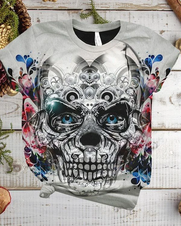 Women Plus Size Halloween Skull Flower Print Short Sleeve T-Shirts