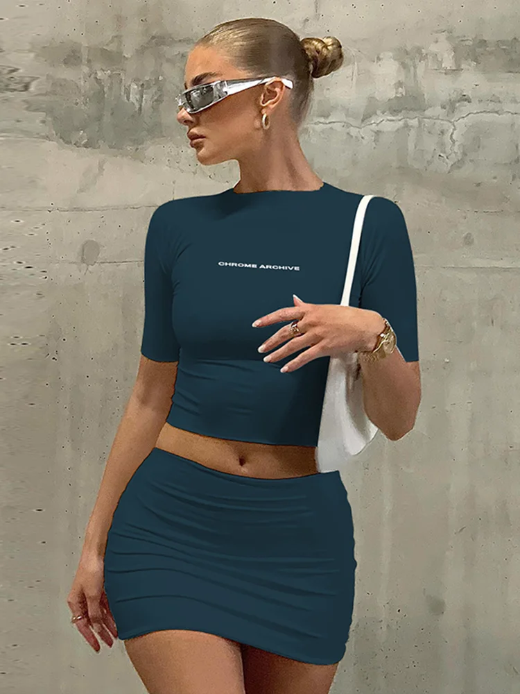 Uveng Letter Print Solid Turtleneck Short Sleeves Crop Top Skirts 2 Pcs Set Sexy Slim Summer Fashion Outfit Streetwear Sports