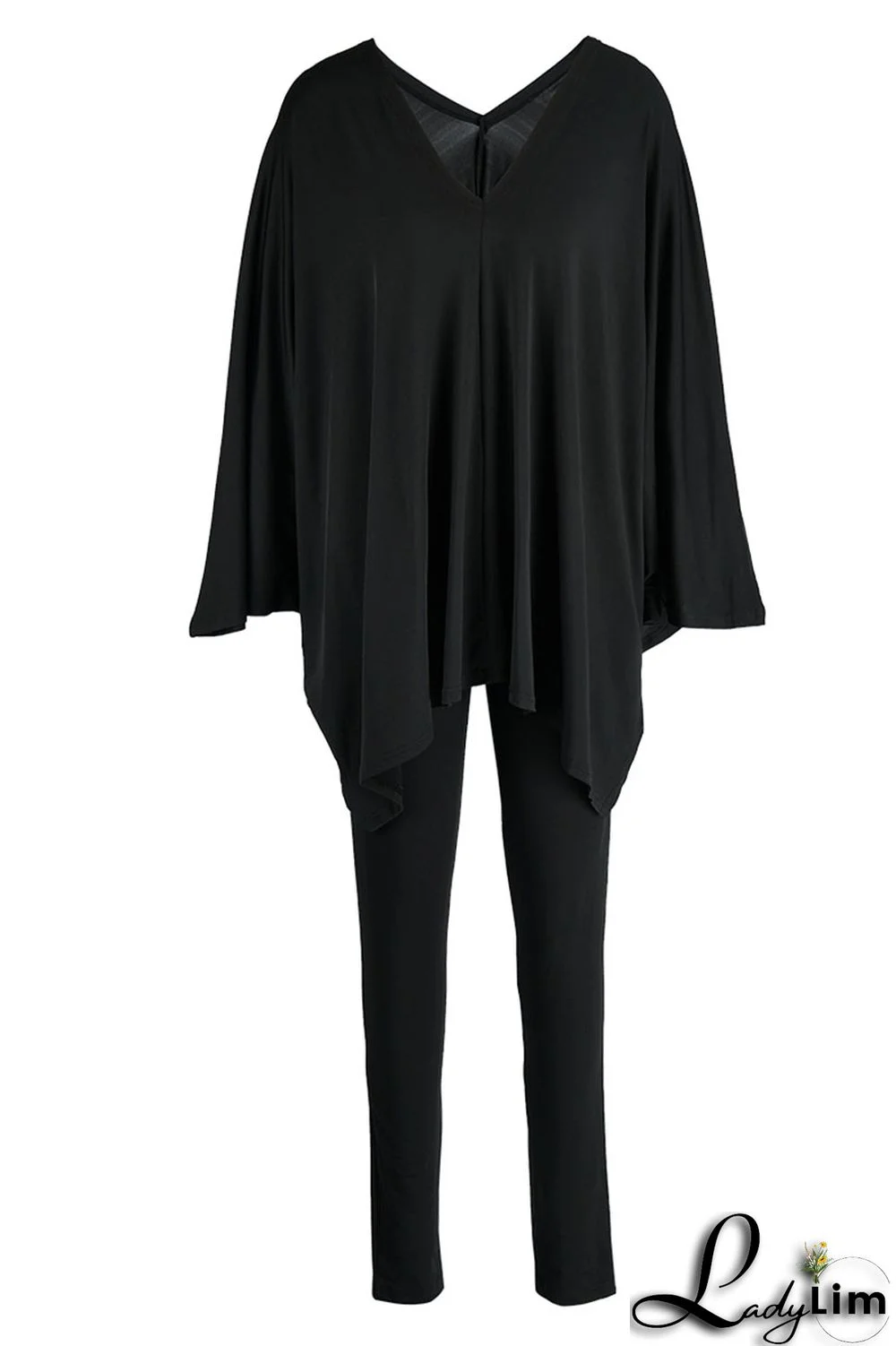 Black Casual Solid Patchwork V Neck Long Sleeve Two Pieces