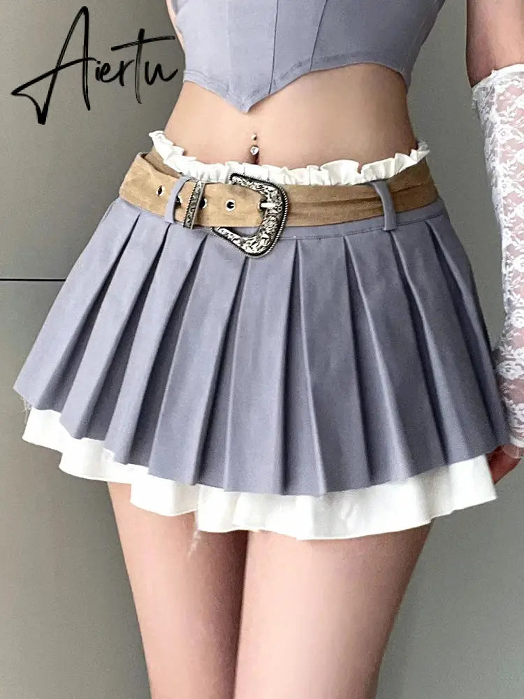 Aiertu Preppy Style Casual A-Line Pleated Skirt Withe Sashes Coquette Style Patchwork Mini Skirts Women  Summer Fashion Aiertu