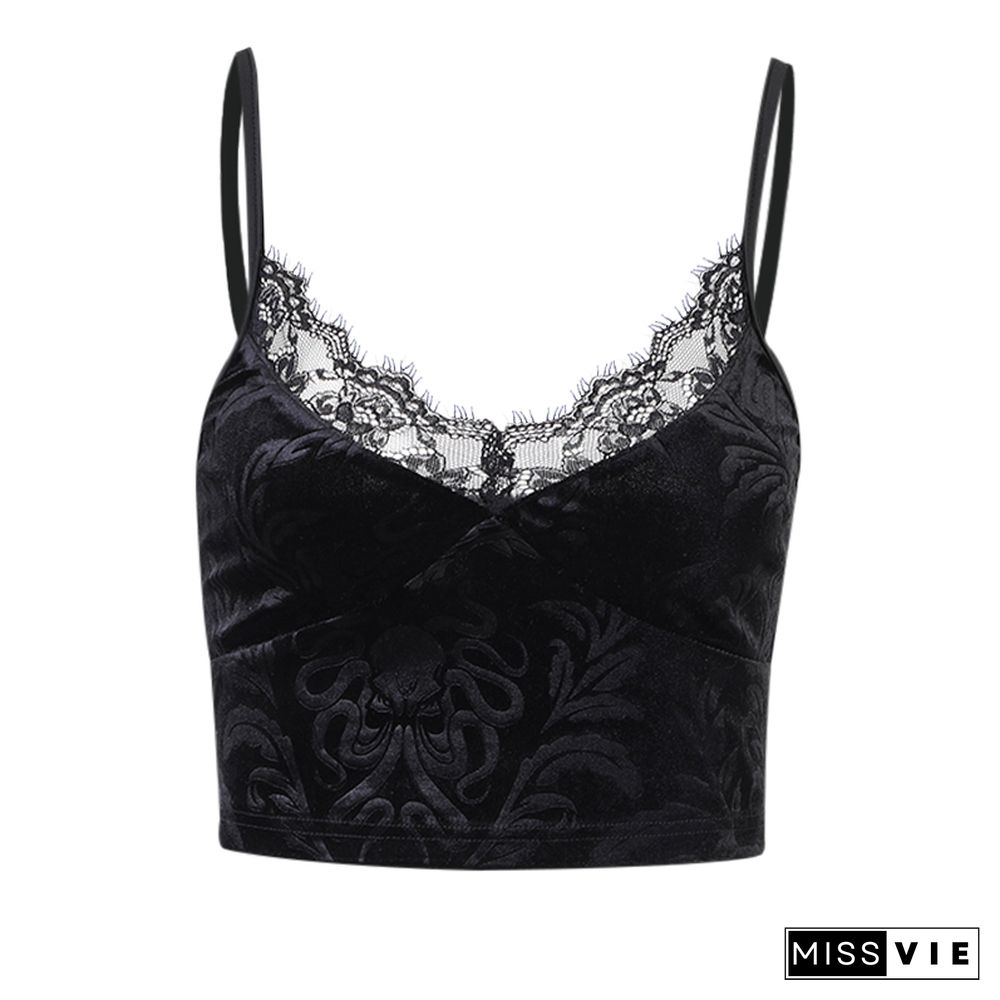 Goth Cross Print Lace Bodycon Crop Tops Camis Sexy Y2K Aesthetic Black Red Basic Corset Tank Top Summer Clothes For Women Girls