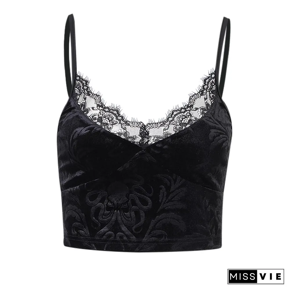 Goth Cross Print Lace Bodycon Crop Tops Camis Sexy Y2K Aesthetic Black Red Basic Corset Tank Top Summer Clothes For Women Girls