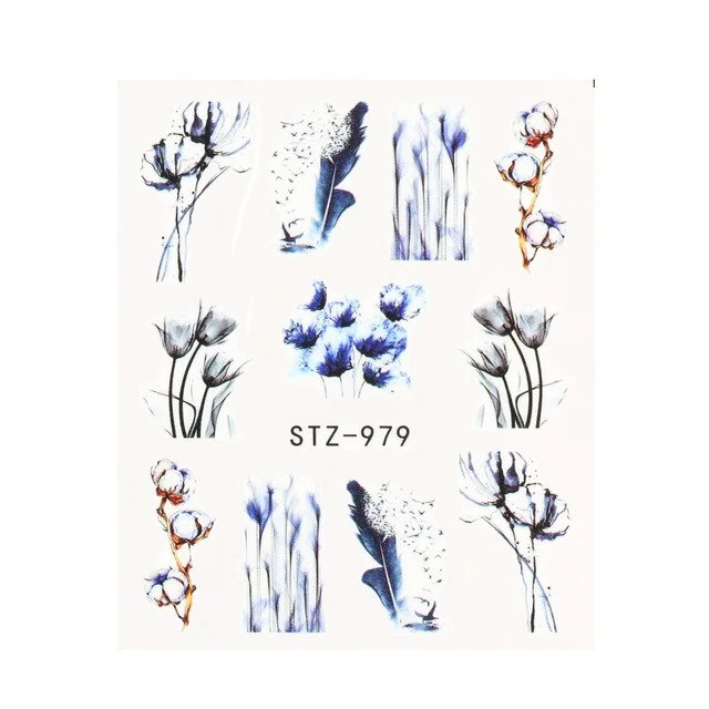 Nail Stickers Water Transfer Multiple Colors Ink Flower Leafs Designs Nail Decal Decoration Tips For Beauty Salons-Nail Inspo