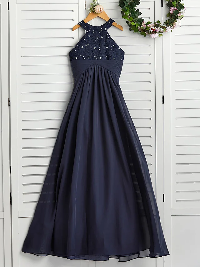 Hellodresses A-Line Jewel Neck Maxi Chiffon Flower Girl Dress With Pearls Wedding Party