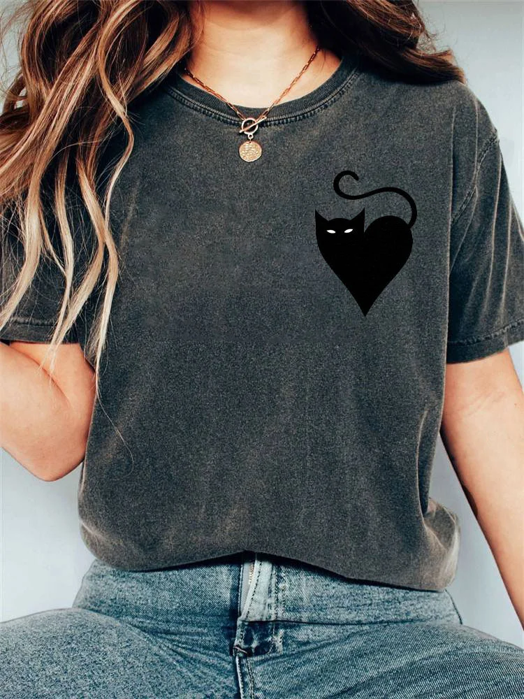 Japanese Art Black Cat Print Cotton Blend T-shirt