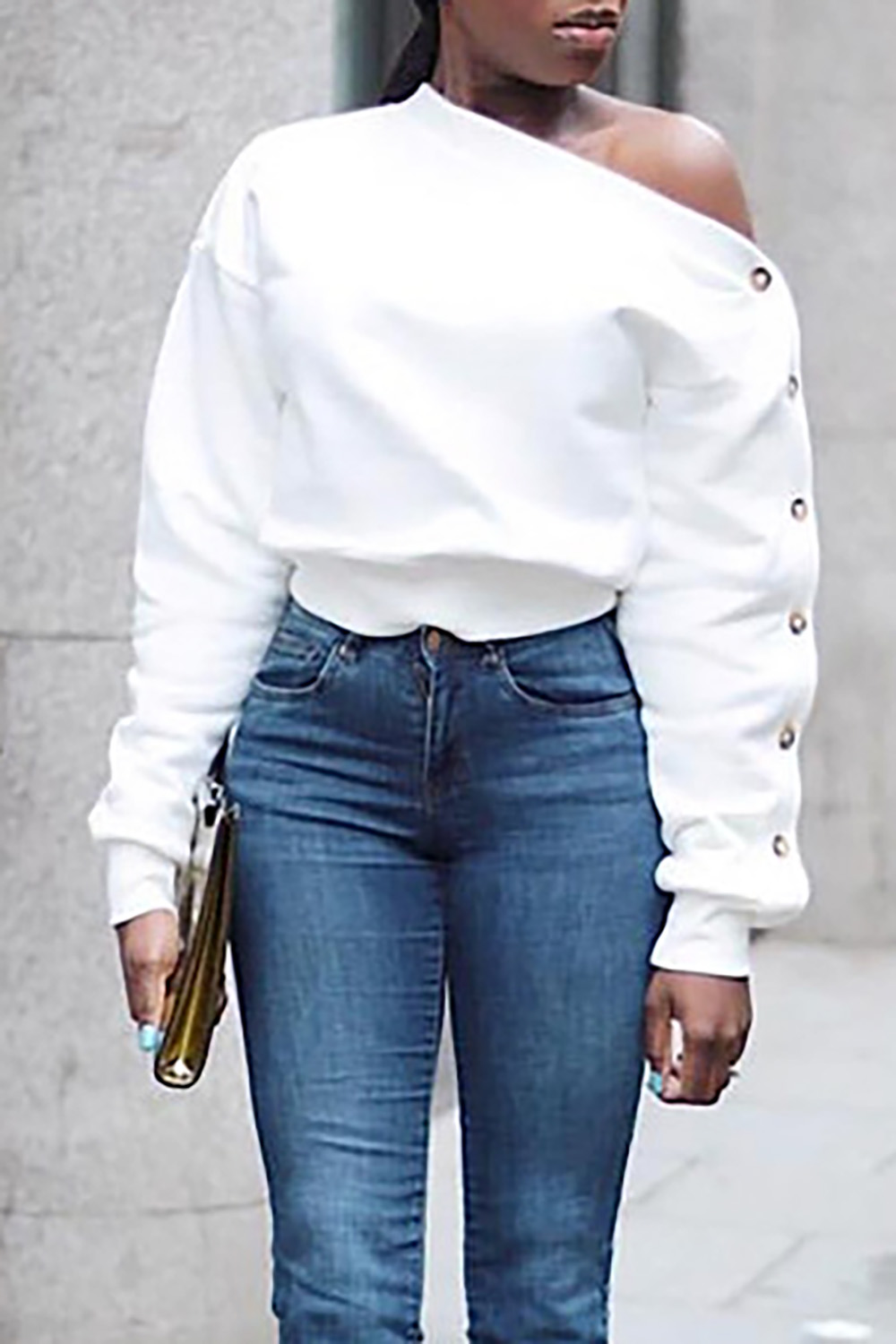 Plus Size Daily Top White Oblique Collar Solid Button Top