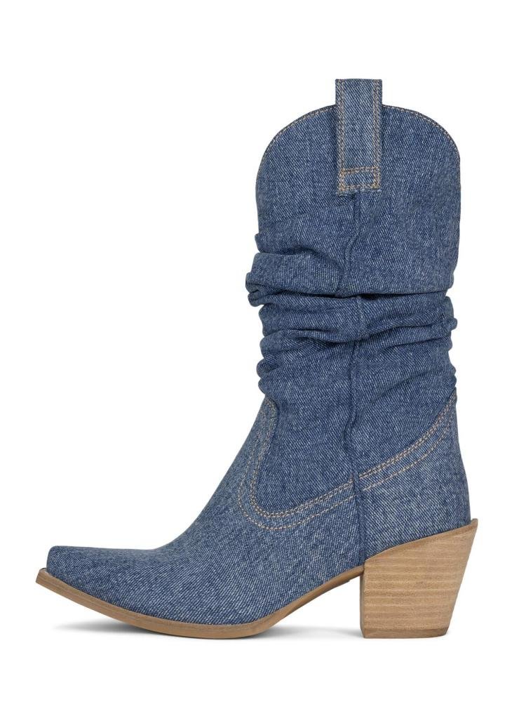 Slouch Denim Western Pointed-Toe Mid Calf Chunky Heel Chelsea Boots