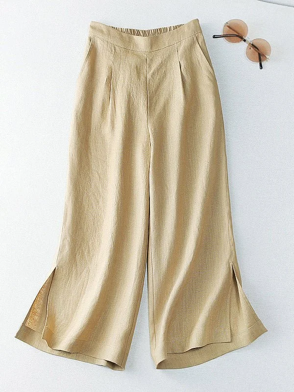 100% Linen Wide-Leg Casual Cropped Pants With Pockets