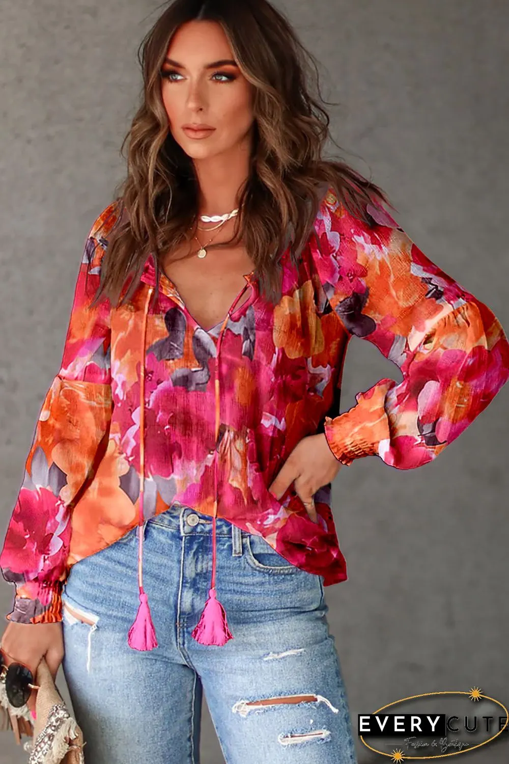 Red Floral Tassel Tie Long Sleeve Blouse