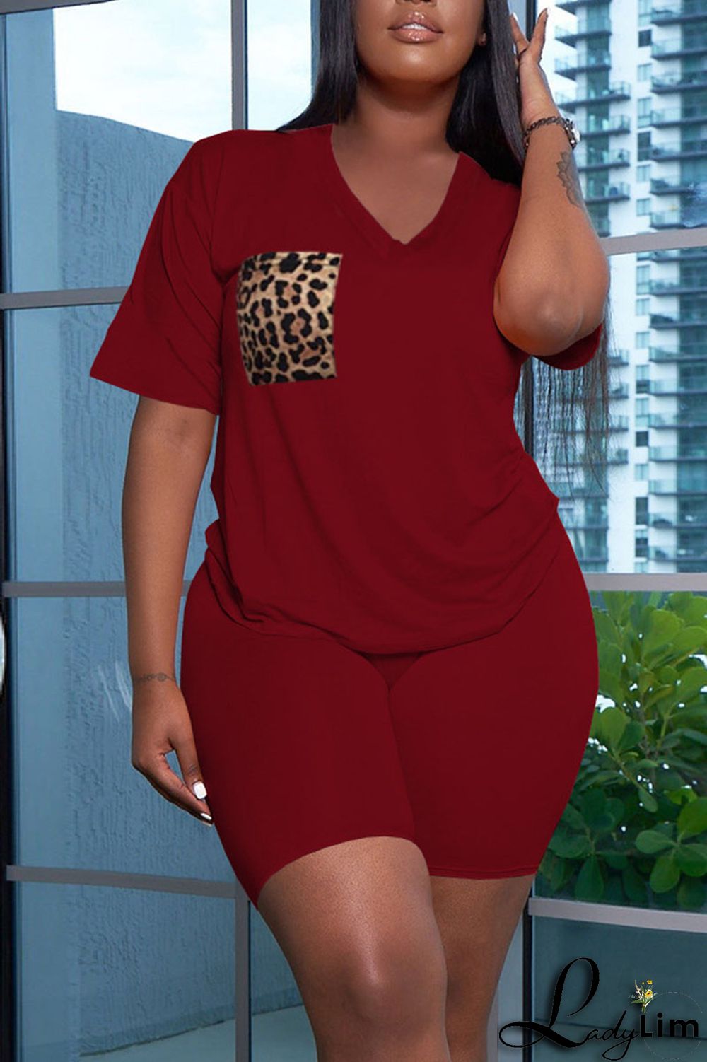 Dark Gray Casual Print Patchwork Pocket V Neck Short Sleeve Two Pieces