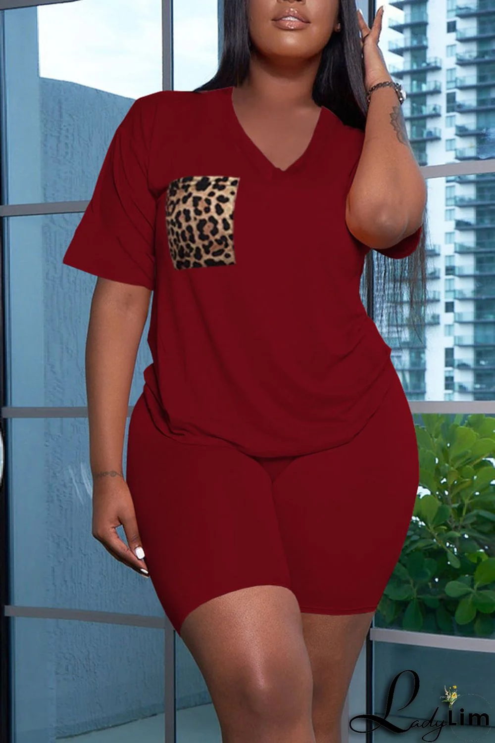 Dark Gray Casual Print Patchwork Pocket V Neck Short Sleeve Two Pieces