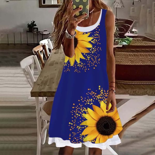 Women's Dress Summer New Fashion Women's Sunflower Fake Two Pieces Printed Sleeveless Casual Soft and Comfortable Plus Size Dress S-5XL - Shop Trendy Women's Fashion | TeeYours