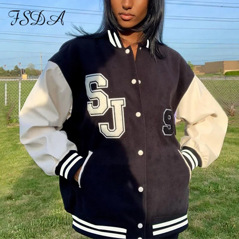 FSDA 2021 Autumn Winter Oversized Baseball Jacket Varsity Bomber Women Long Sleeve Patchwork Letter Print Coat Fashion