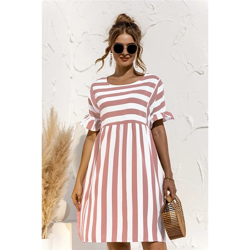 Back to school  Women Elegant Ruffle Sleeve Striped Patchwork A Line Dress 2022 Summer Casual High Waist O Neck Loose Pocket Dress Beach Wear