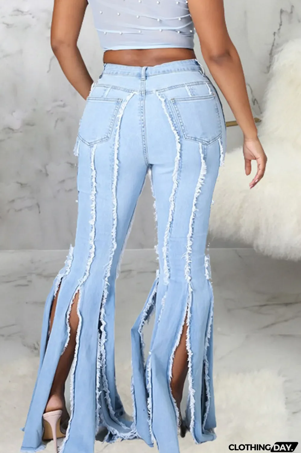 Dark Blue Street Solid Split Joint Slit Boot Cut Denim Jeans