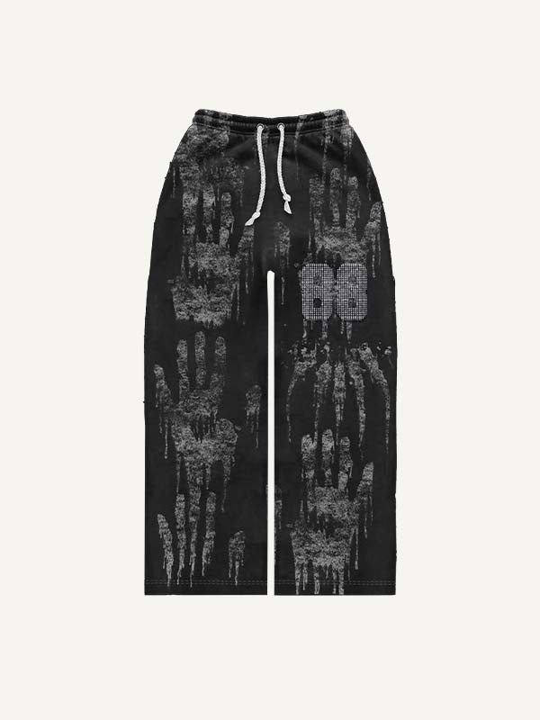 Palm&Letter Faux Rhinestones Print Elastic Waist Pants