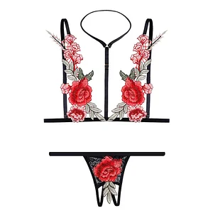 Women's Sexy Passion Rose Bra – T-Shaped Open-End Underwear Three-Point Suit