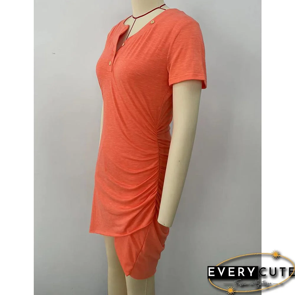 Orange Button V Neck Cross Hem Bodycon Dress