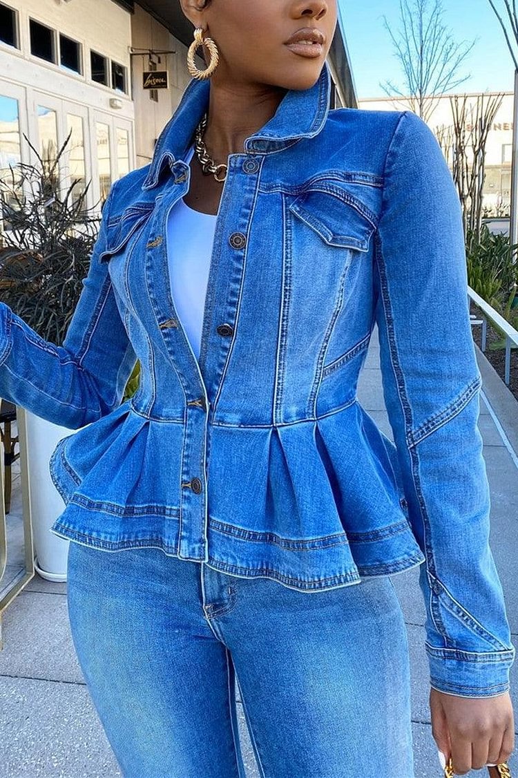 Xpluswear Plus Size Casual Blue Turndown Collar Long Sleeve Ruffle Jeans Jacket Coats