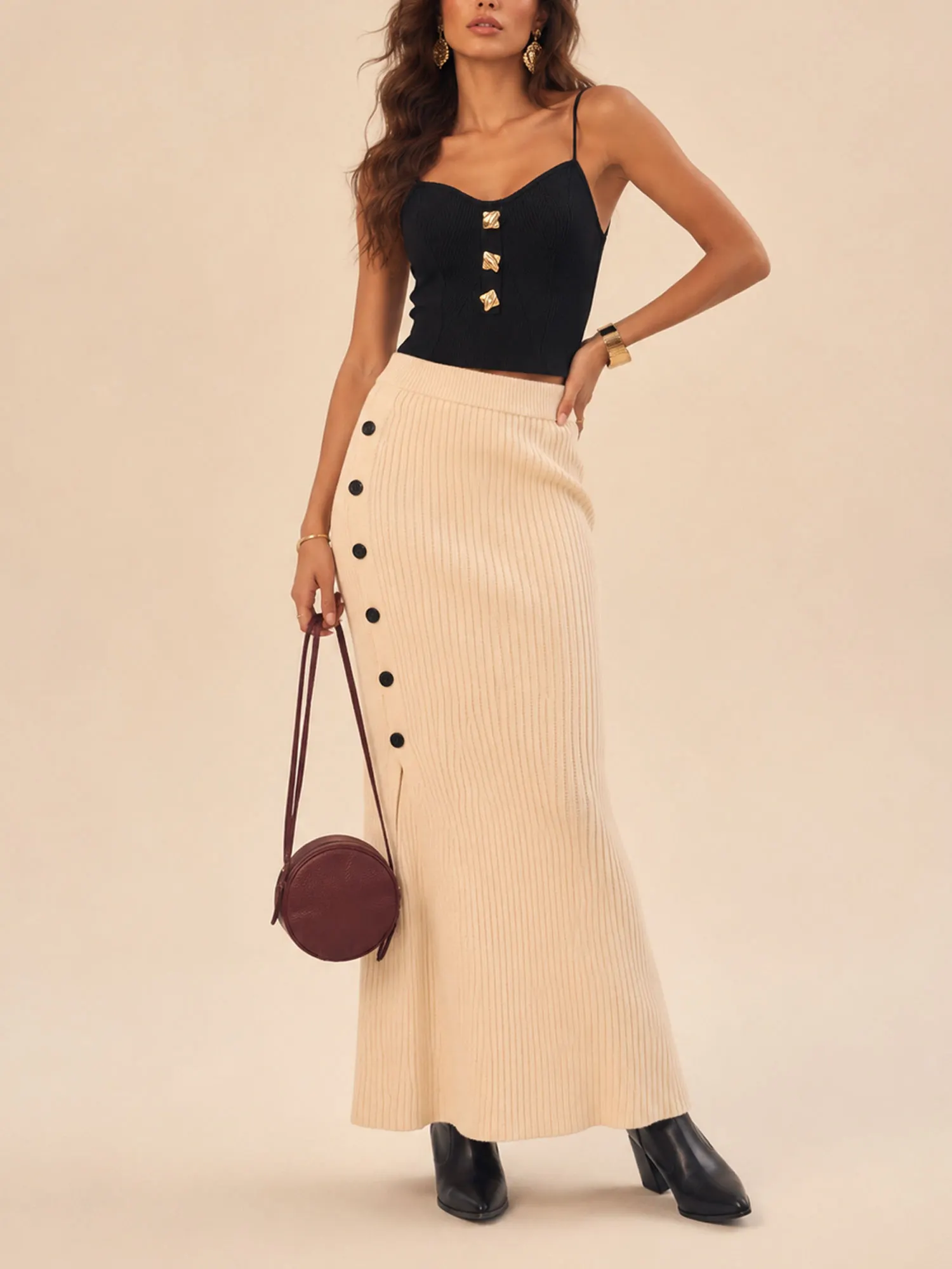 Perfect for a Western Gala &mdash; 2026 Beige Vintage Button-Down Split Knit Maxi Skirt